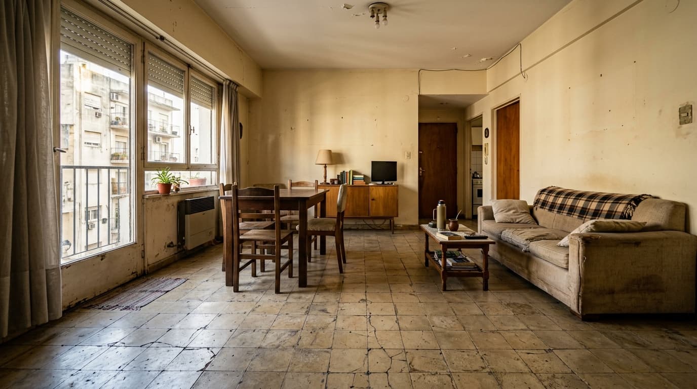 Mismo ambiente con el piso de cerámica viejo, antes de la obra