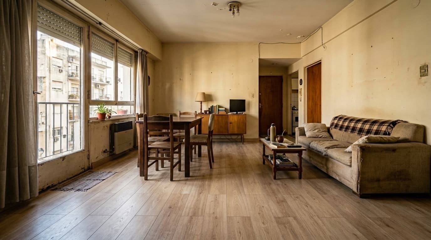 Ambiente con piso vinílico nuevo instalado