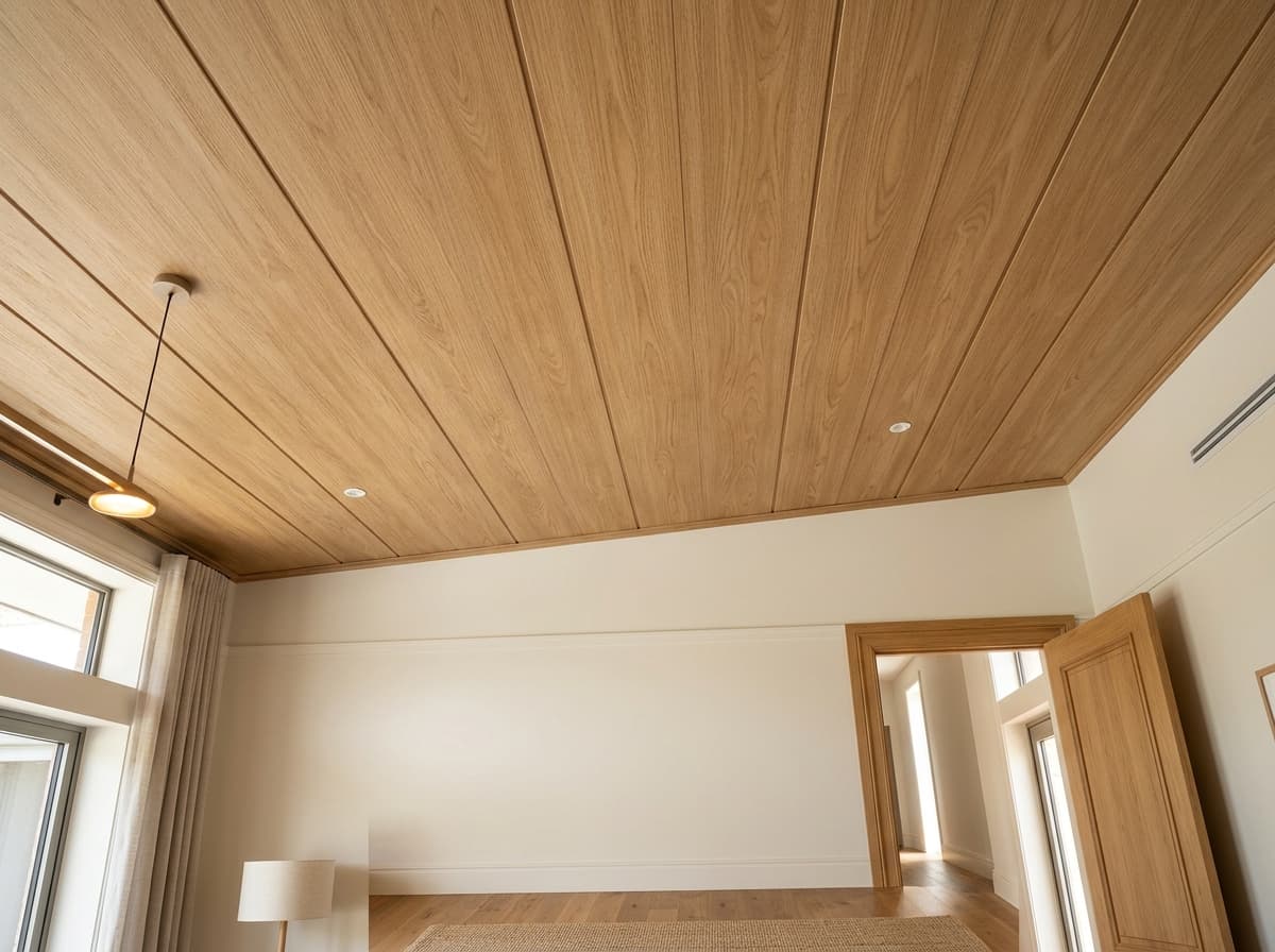 Techo revestido con paneles PVC símil madera clara